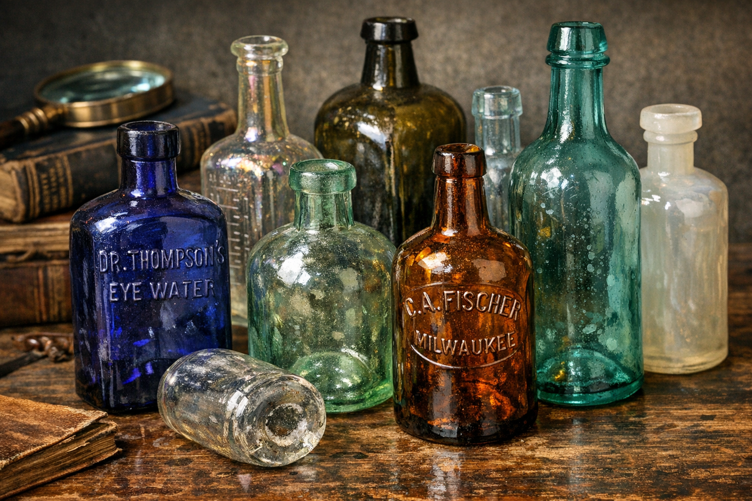 Generated reference image for documenting old glass bottles identification factors including bases, seams, pontil marks, embossing, color, lip shape, labels, mold marks, bubbles, wear, and condition