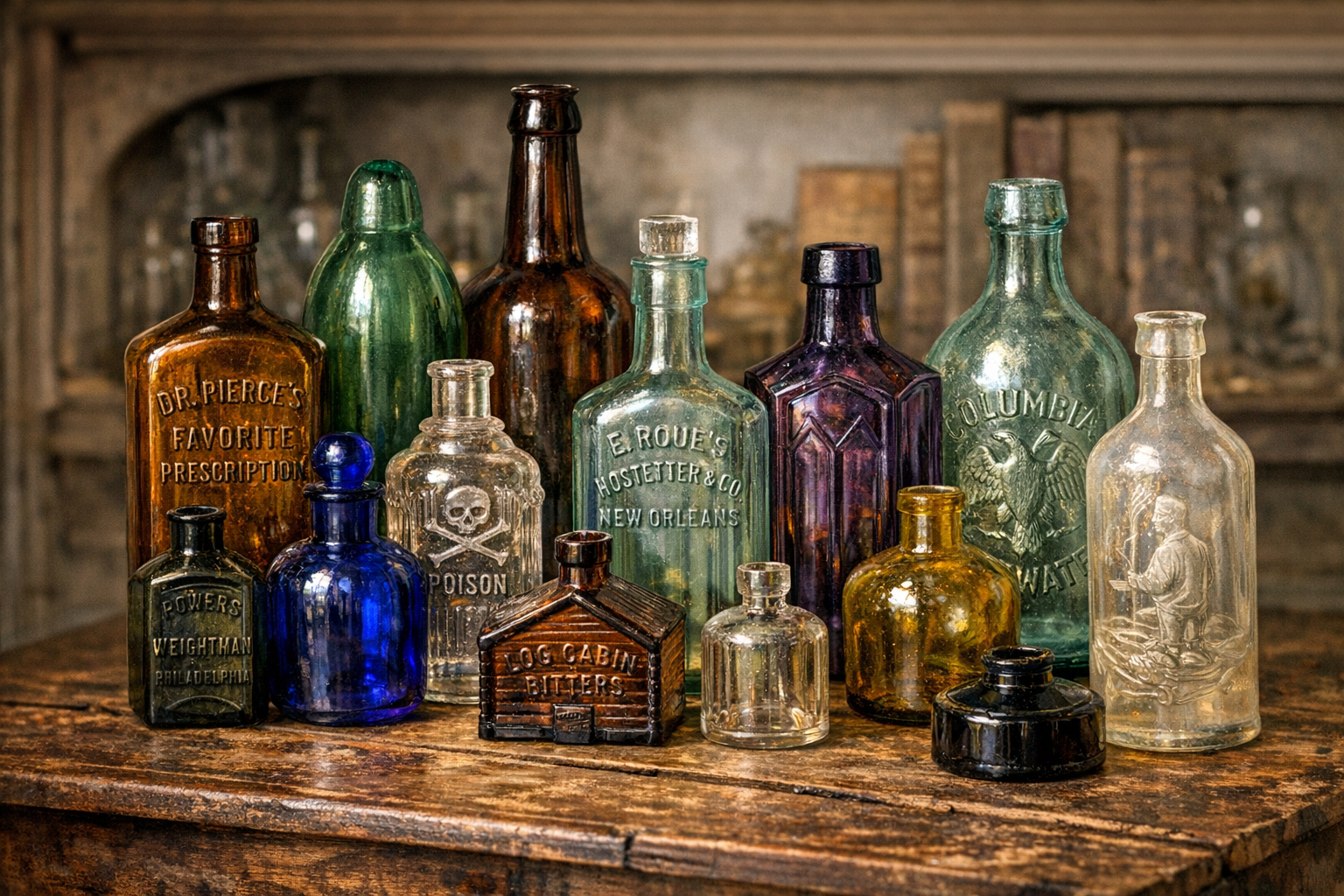 Generated reference image for documenting old glass bottles value factors including bottle type, color, embossing, base marks, seam height, pontil marks, labels, chips, staining, rarity, and demand