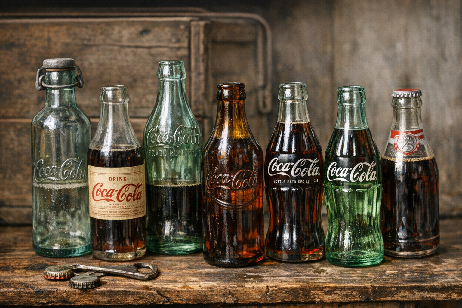 Generated reference image for documenting old glass Coke bottle value factors including city name, date code, patent marks, bottle shape, glass color, embossing, labels, chips, staining, and condition
