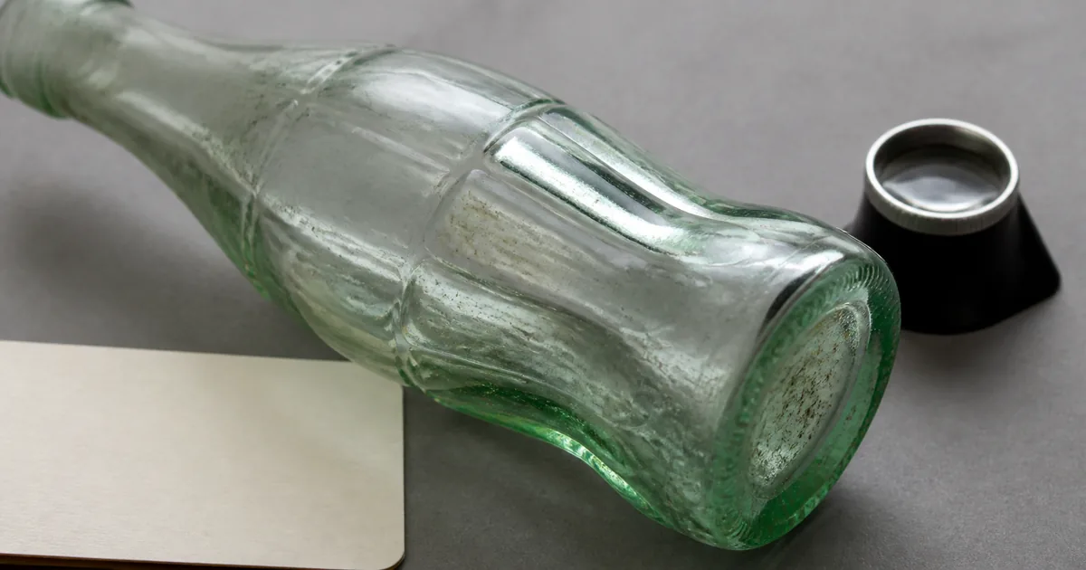 Old glass Coca-Cola bottles arranged on a wooden table for collector value assessment