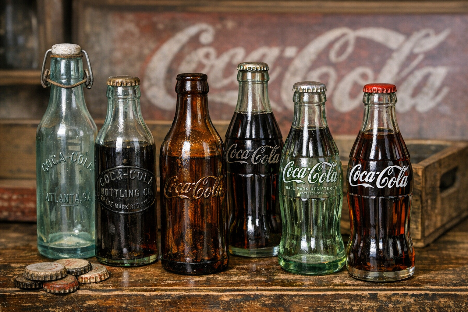 Generated reference image for documenting old glass Coke bottles value factors including city names, date codes, patent marks, bottle shape, glass color, embossing, labels, chips, staining, and condition