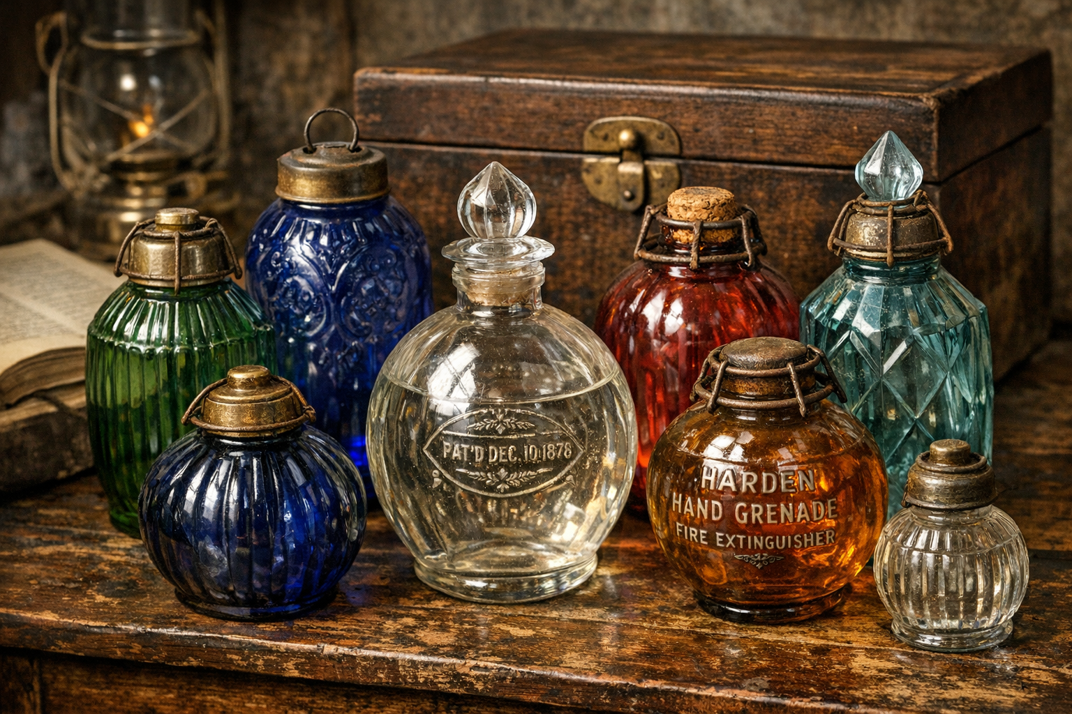 Generated reference image for documenting old glass fire extinguisher value factors including fire grenade type, label, glass color, closure, fill residue, embossing, chips, cracks, staining, and condition