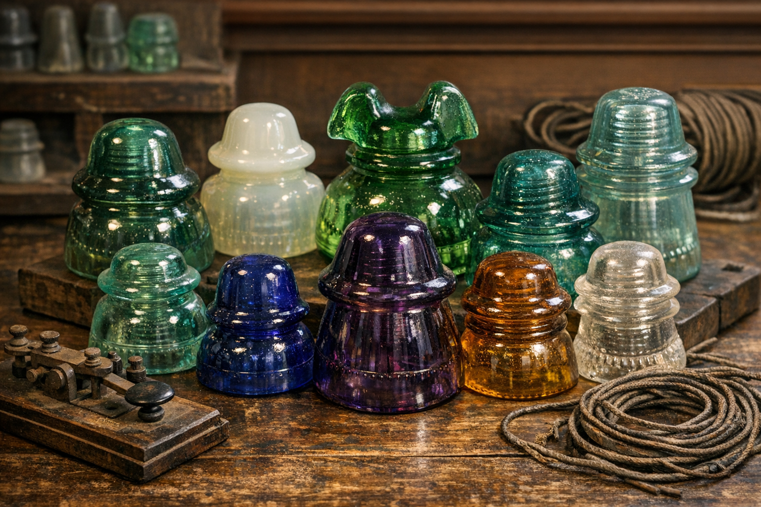 Generated reference image for documenting old glass insulator value factors including maker, CD number, color, embossing, skirt style, mold marks, chips, cracks, staining, rarity, and condition