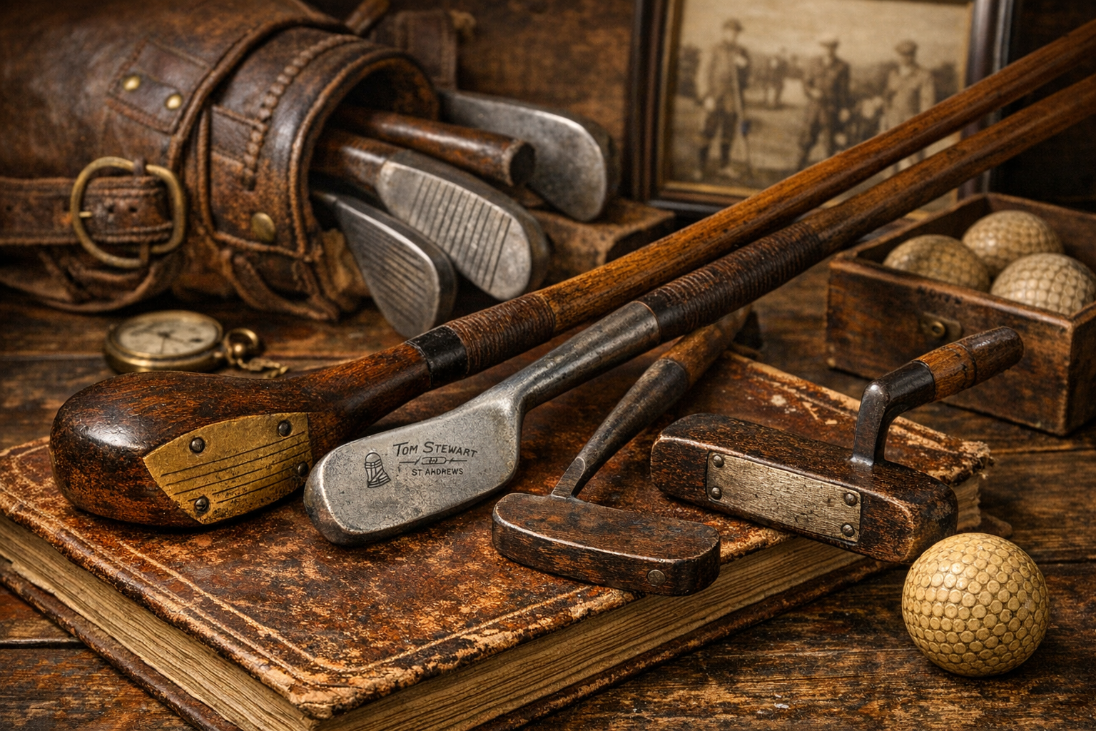 Generated reference image for documenting old golf club value factors including maker, shaft material, head type, stampings, grip, set completeness, alterations, wear, repairs, and condition