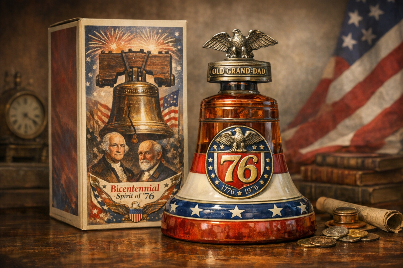 Generated reference image for documenting Old Grand-Dad Bicentennial decanter value factors including label, seal, tax marks, ceramic condition, box, stopper, fill state, stains, chips, and provenance