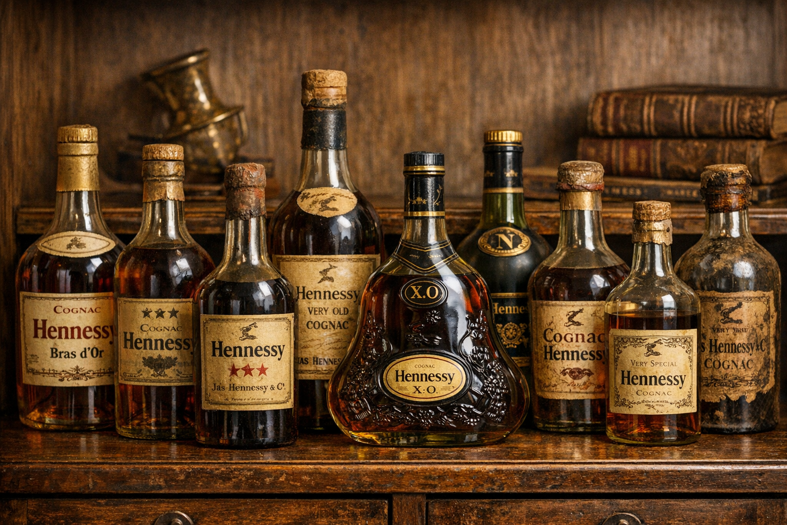Generated reference image for documenting old Hennessy bottle value factors including label style, seal, tax stamp, closure, fill level, bottle size, glass marks, box, staining, chips, and condition