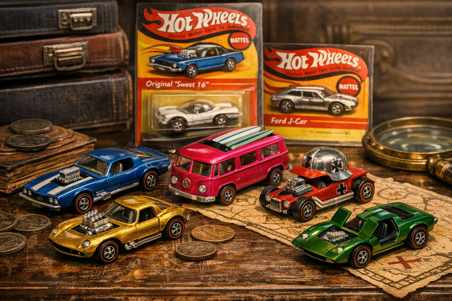 Generated reference image for documenting old Hot Wheels value factors including casting, base markings, Redline wheels, color, production country, packaging, play wear, paint, tampos, and condition