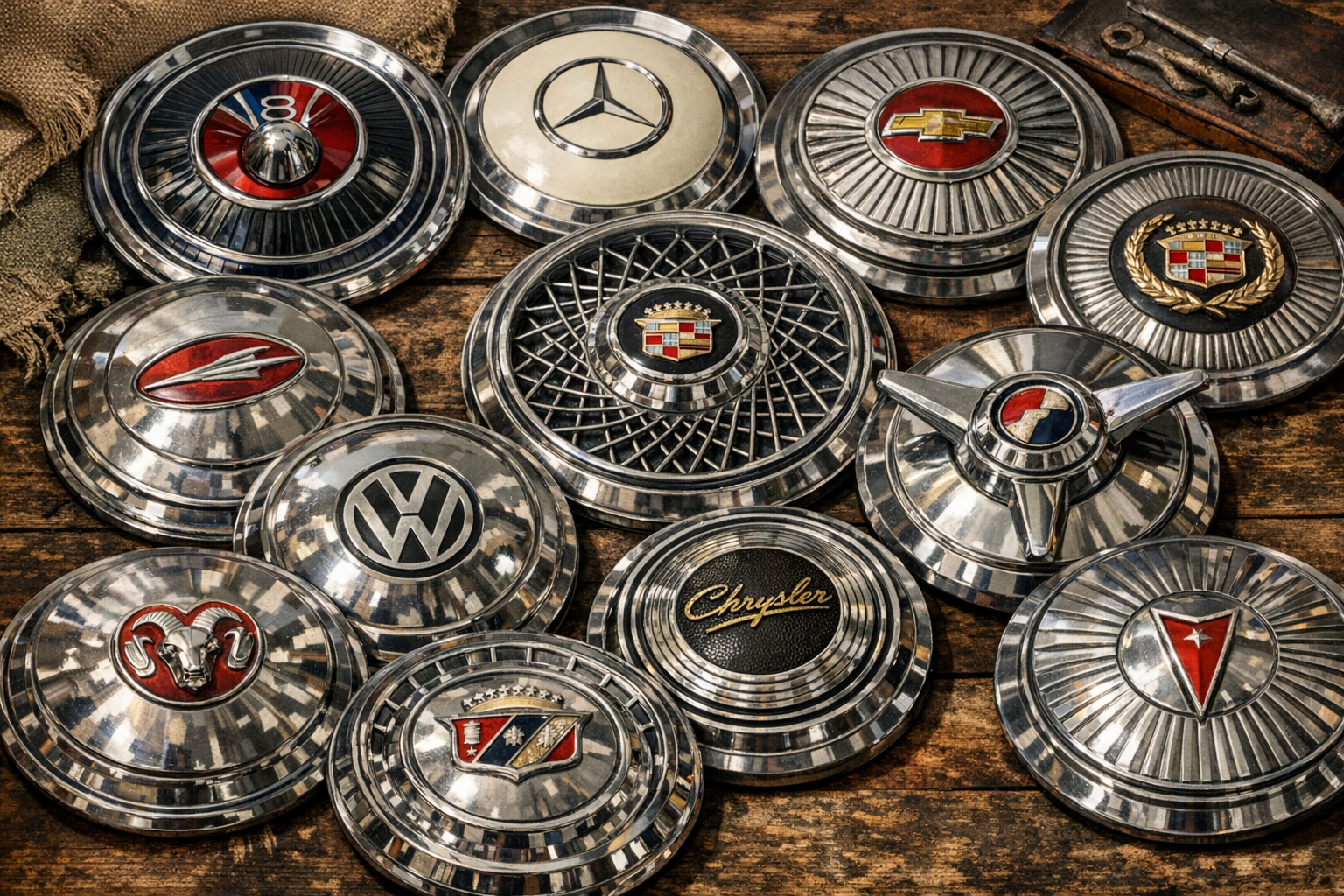 Generated reference image for documenting old hubcap identification factors including maker marks, emblem, diameter, mounting style, material, part numbers, finish, dents, curb wear, repainting, and condition