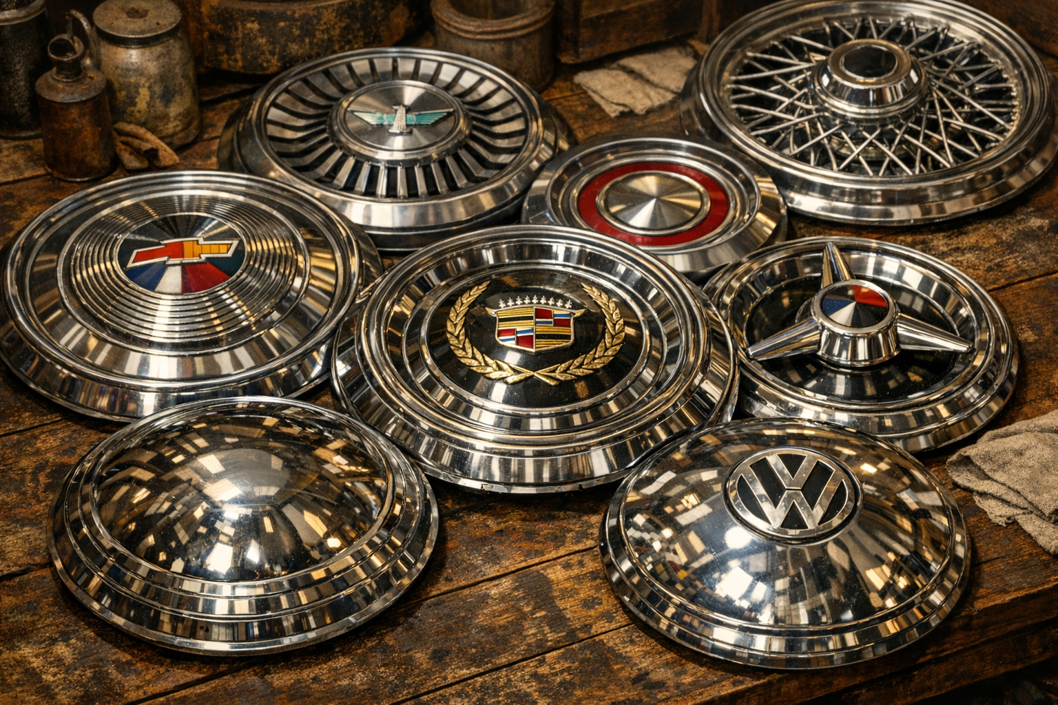 Generated reference image for documenting old hubcap value factors including maker marks, emblem, vehicle fit, diameter, matching set status, finish, clips, dents, curb wear, repainting, and condition