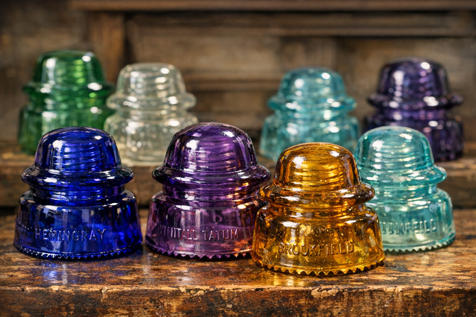 Generated reference image for documenting old glass insulator value factors including maker embossing, CD number, color, mold marks, dome, skirt, chips, cracks, staining, repairs, and condition