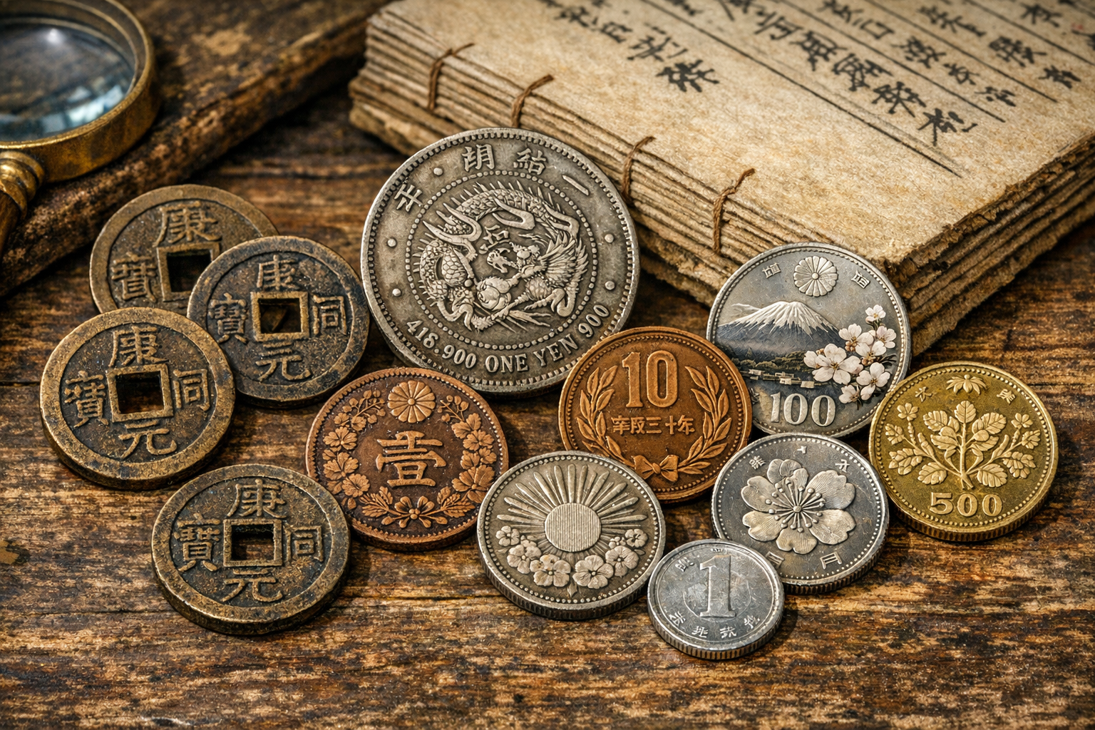 Generated reference image for documenting old Japanese coin identification factors including era marks, kanji, denomination, metal, diameter, weight, edge, minting style, patina, damage, and condition