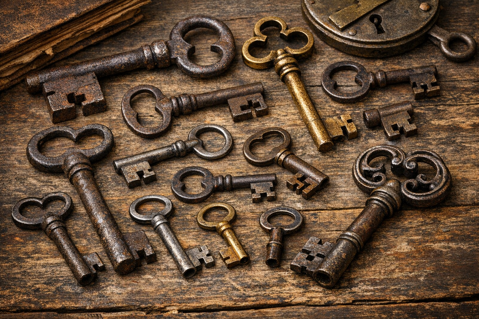 Generated reference image for documenting old key identification factors including bow shape, bit pattern, barrel or shank, maker marks, metal, patina, wear, lock context, repairs, and condition