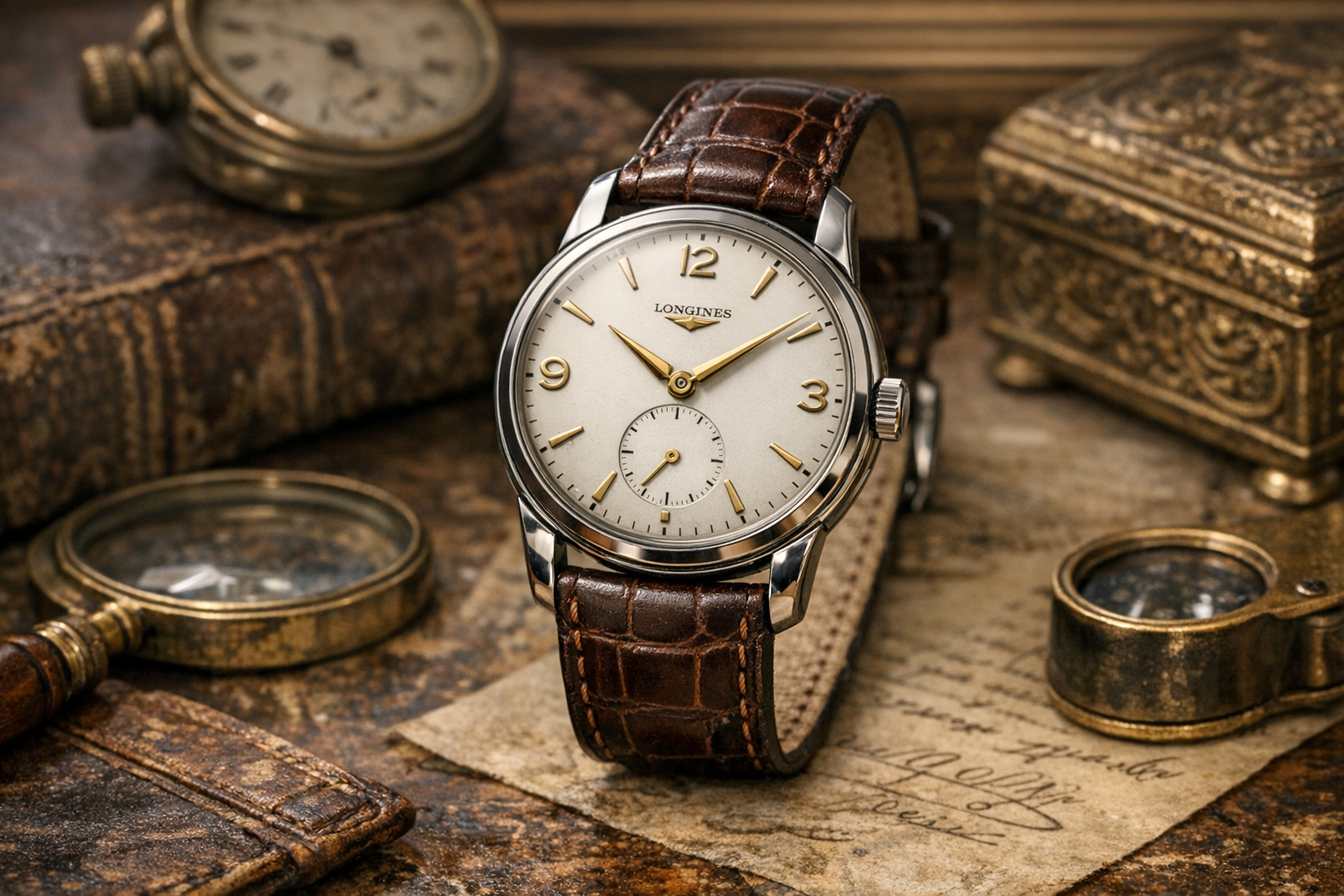 Generated reference image for documenting old Longines watch value factors including reference, serial number, dial, case metal, movement, bracelet, service history, originality, wear, and condition