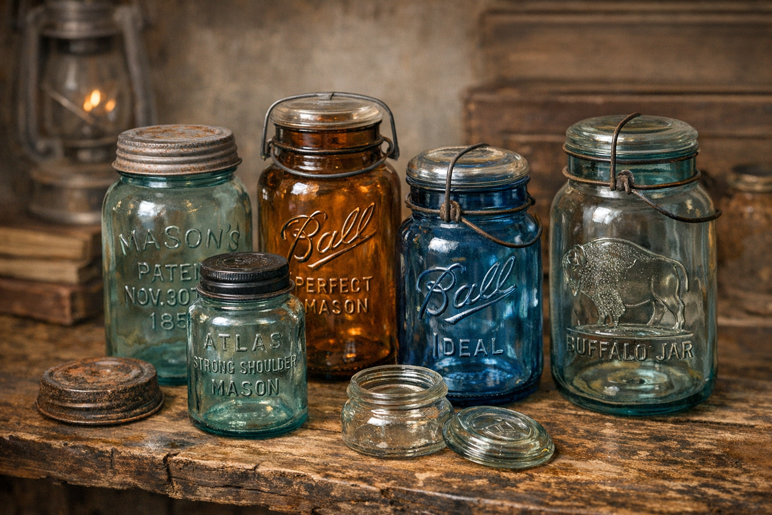 Generated reference image for documenting old Mason jar value factors including maker embossing, logo style, color, mold seams, closure, lid, base marks, bubbles, chips, cracks, and condition