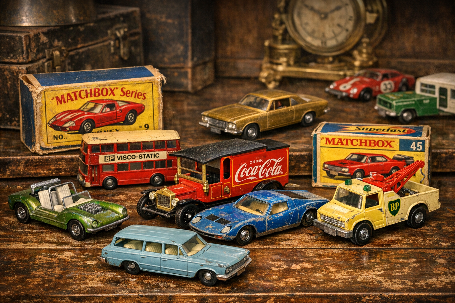 Generated reference image for documenting old Matchbox car value factors including Lesney markings, model number, casting, base, wheels, paint, decals, box, play wear, damage, and condition
