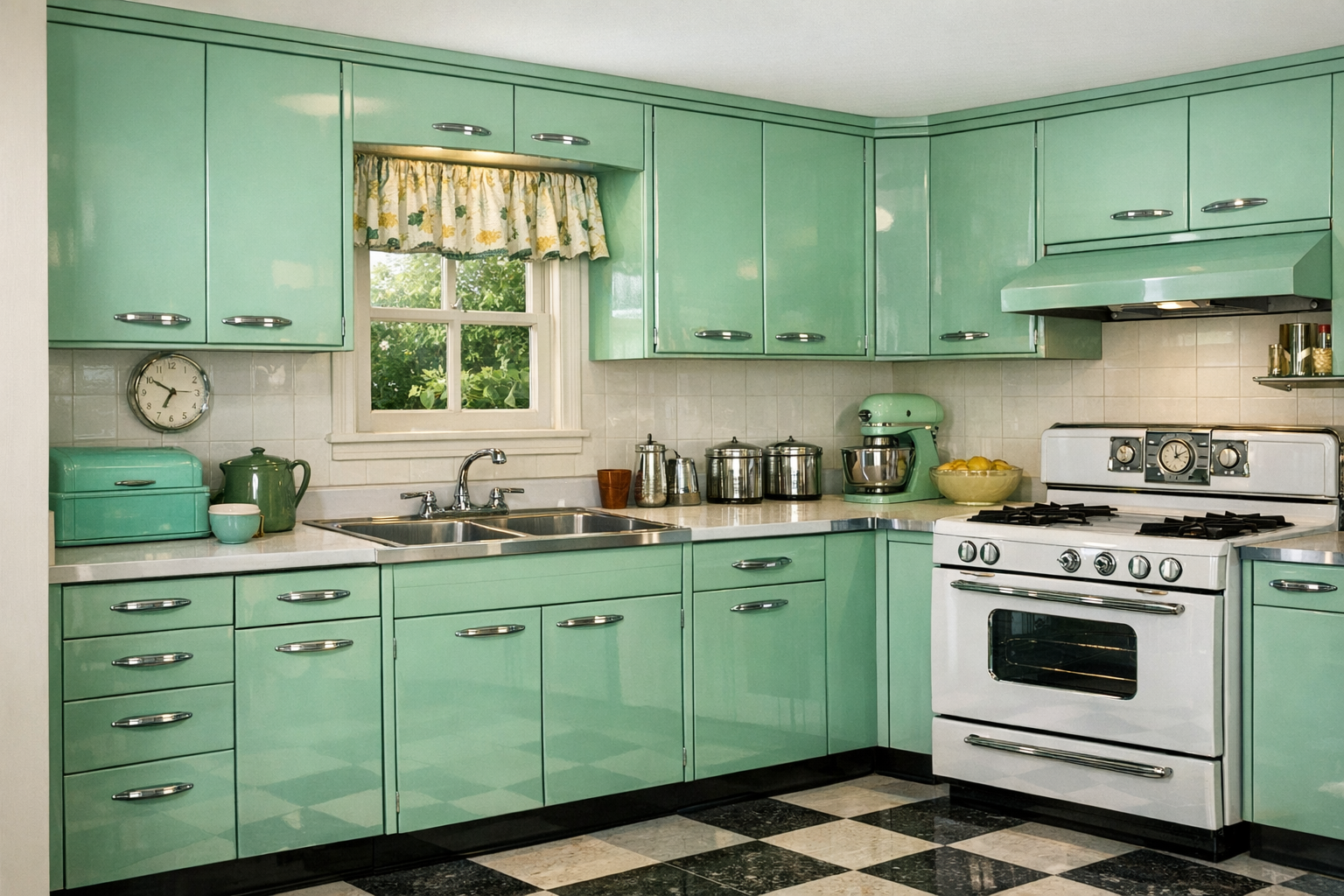 Generated reference image for documenting old metal kitchen cabinet value factors including brand, model, hardware, finish, enamel, shelves, rust, dents, completeness, layout, repairs, and condition