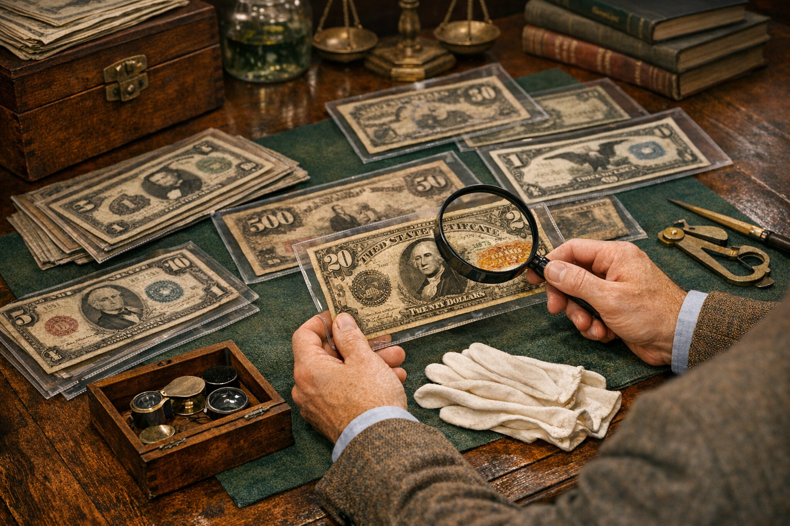 Generated reference image for documenting old money appraisal factors including denomination, series year, seal color, serial number, signatures, bank, printing errors, folds, stains, tears, and condition