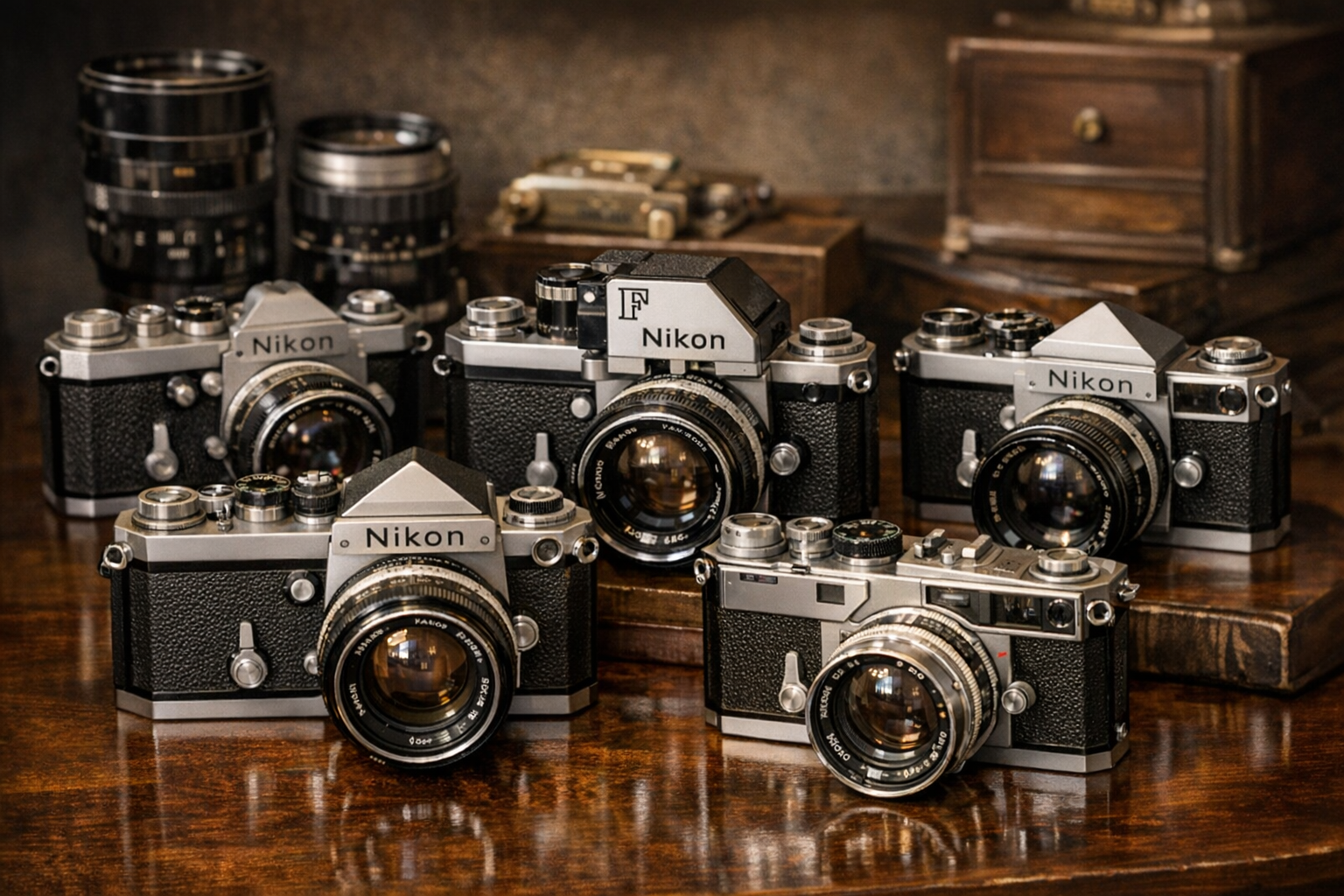 Generated reference image for documenting old Nikon camera value factors including model, serial number, lens, prism, finder, shutter, meter, brassing, fungus, accessories, box, and condition