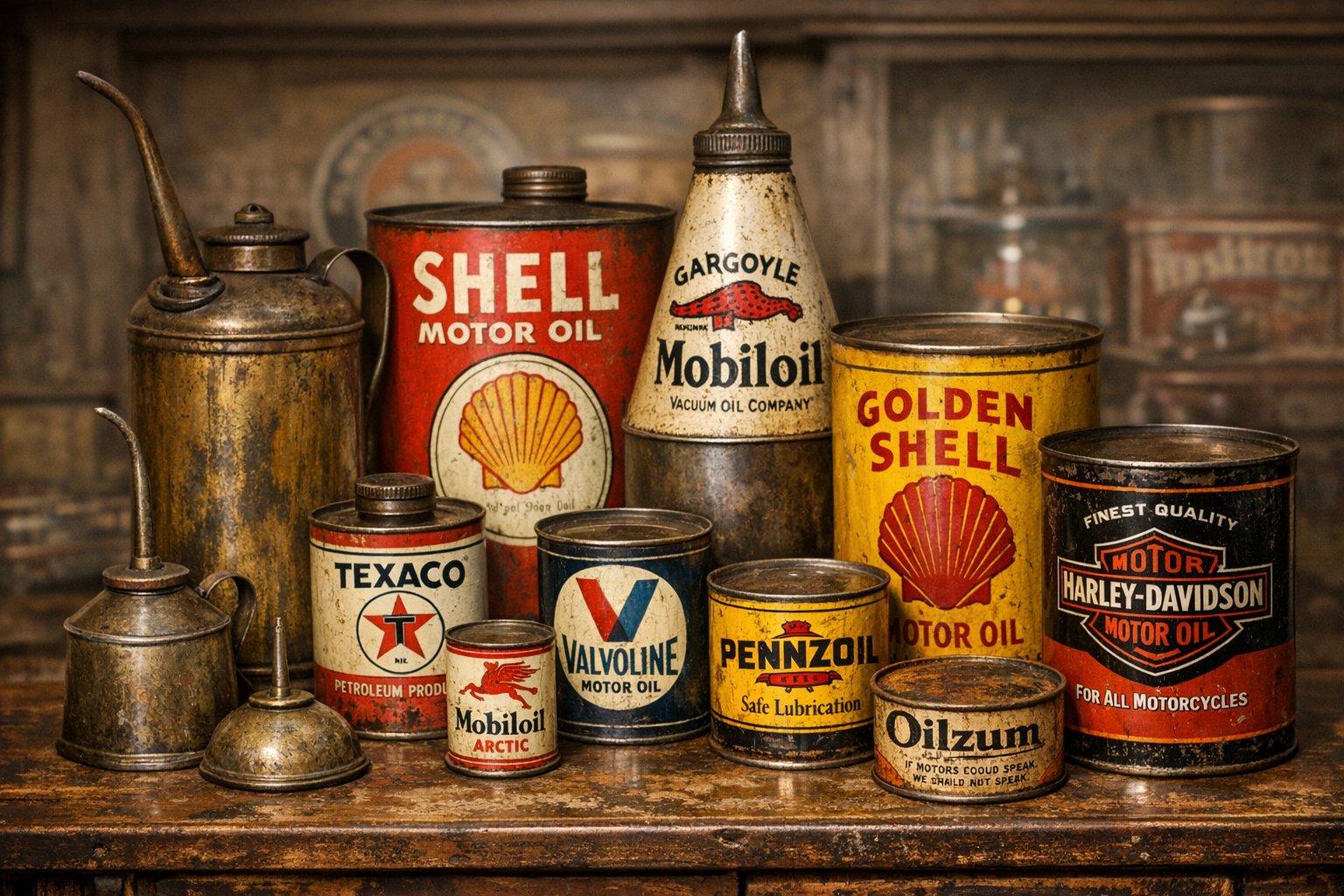 Generated reference image for documenting old oil can value factors including brand, graphic design, size, material, seam, cap, spout, label, rust, dents, fading, leaks, and condition