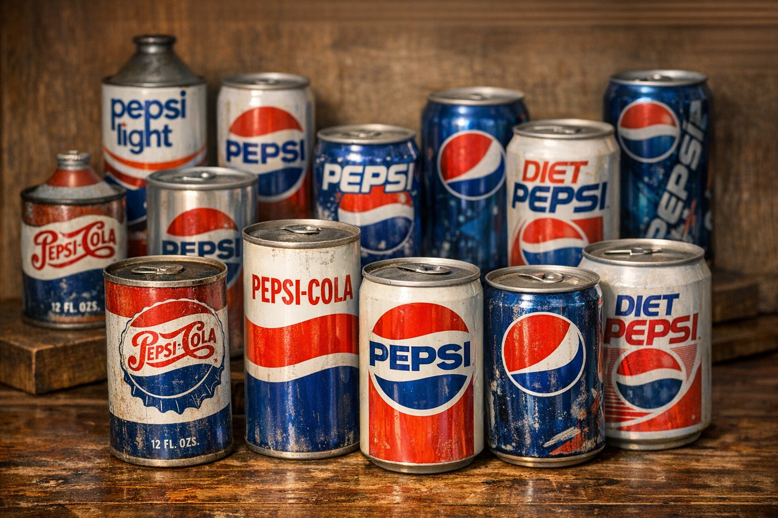 Generated reference image for documenting old Pepsi can value factors including logo era, can size, pull tab, seam, barcode, promo text, color, dents, rust, fading, opening, and condition