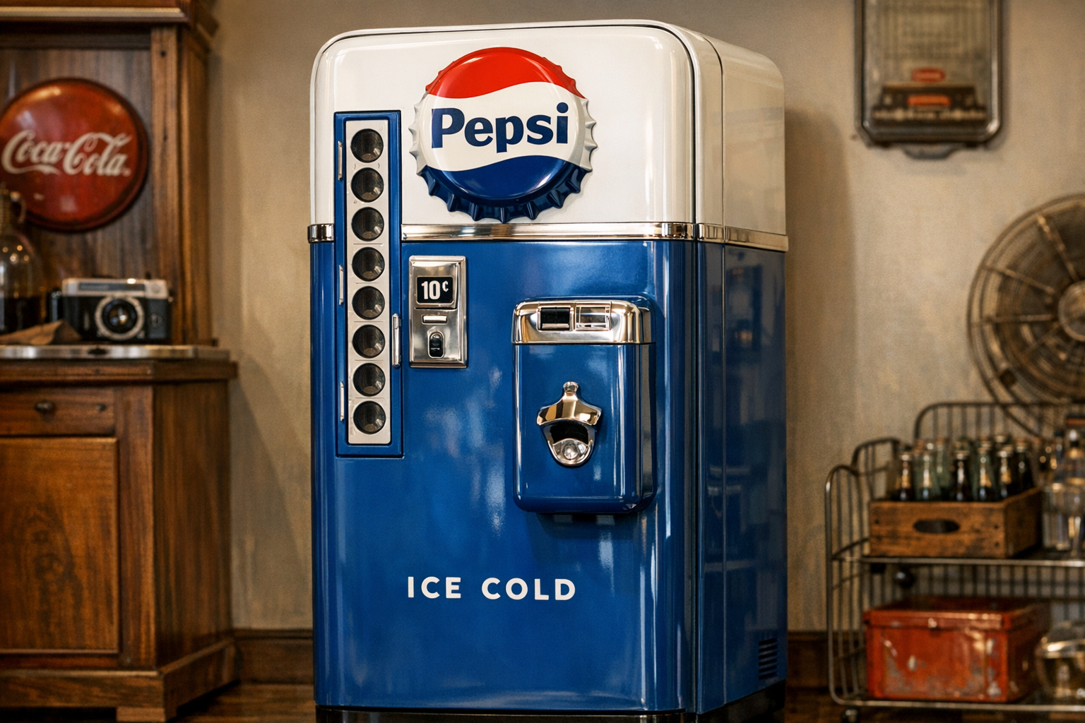 Generated reference image for documenting old Pepsi machine value factors including model, maker plate, size, graphics, coin mech, cooling system, shelves, restoration, rust, dents, and condition