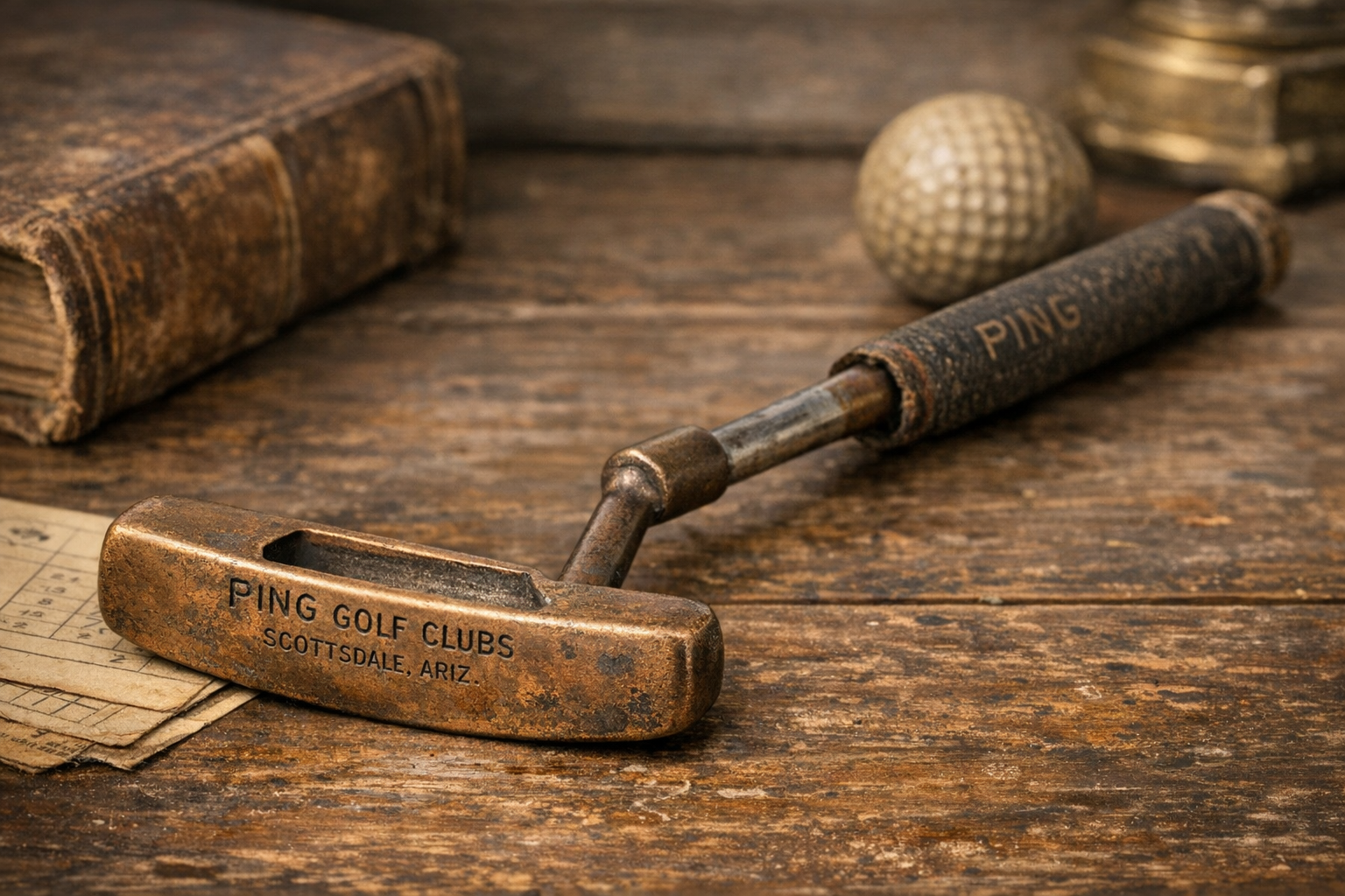 Generated reference image for documenting old PING putter value factors including model, address stamp, serial number, lie dot, head material, shaft, grip, patina, alterations, wear, and condition