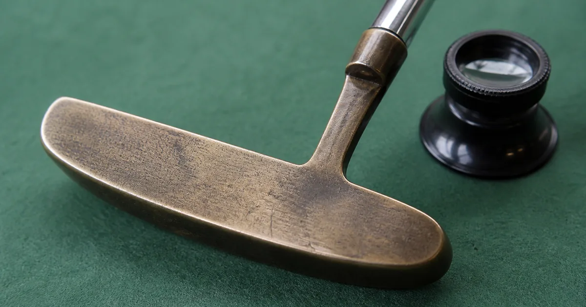 Vintage blade-style golf putters arranged on a workshop bench for model identification