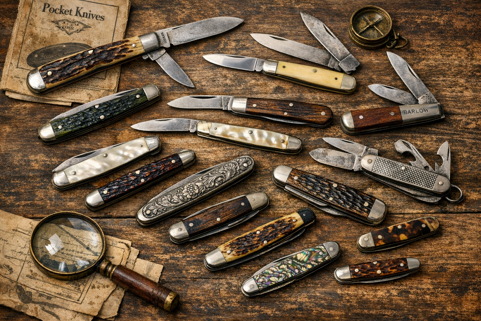 Generated reference image for documenting old pocket knife identification factors including tang stamp, maker, pattern, blade count, handle material, shield, pins, wear, repairs, snap, and condition