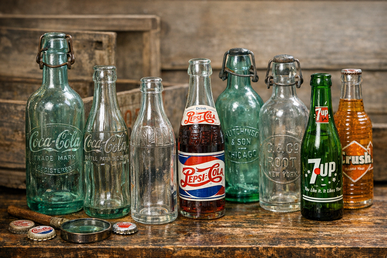 Generated reference image for documenting old pop bottle value factors including brand, embossing, applied color label graphics, mold marks, base codes, glass color, closure, chips, haze, case wear, and condition