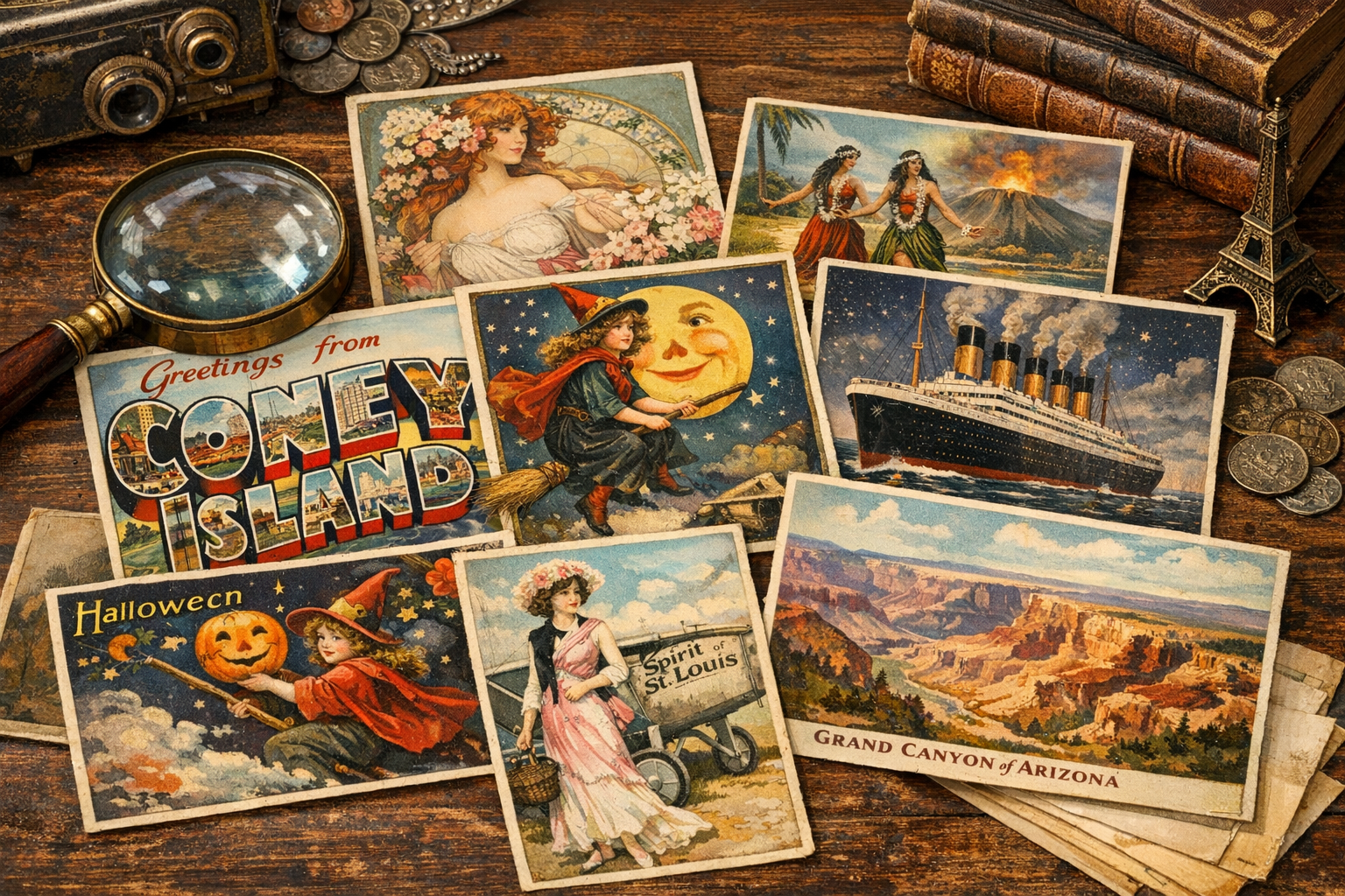 Generated reference image for documenting old postcard value factors including era, subject, publisher, artist, postmark, stamp, divided back, printing method, corners, writing, fading, and condition