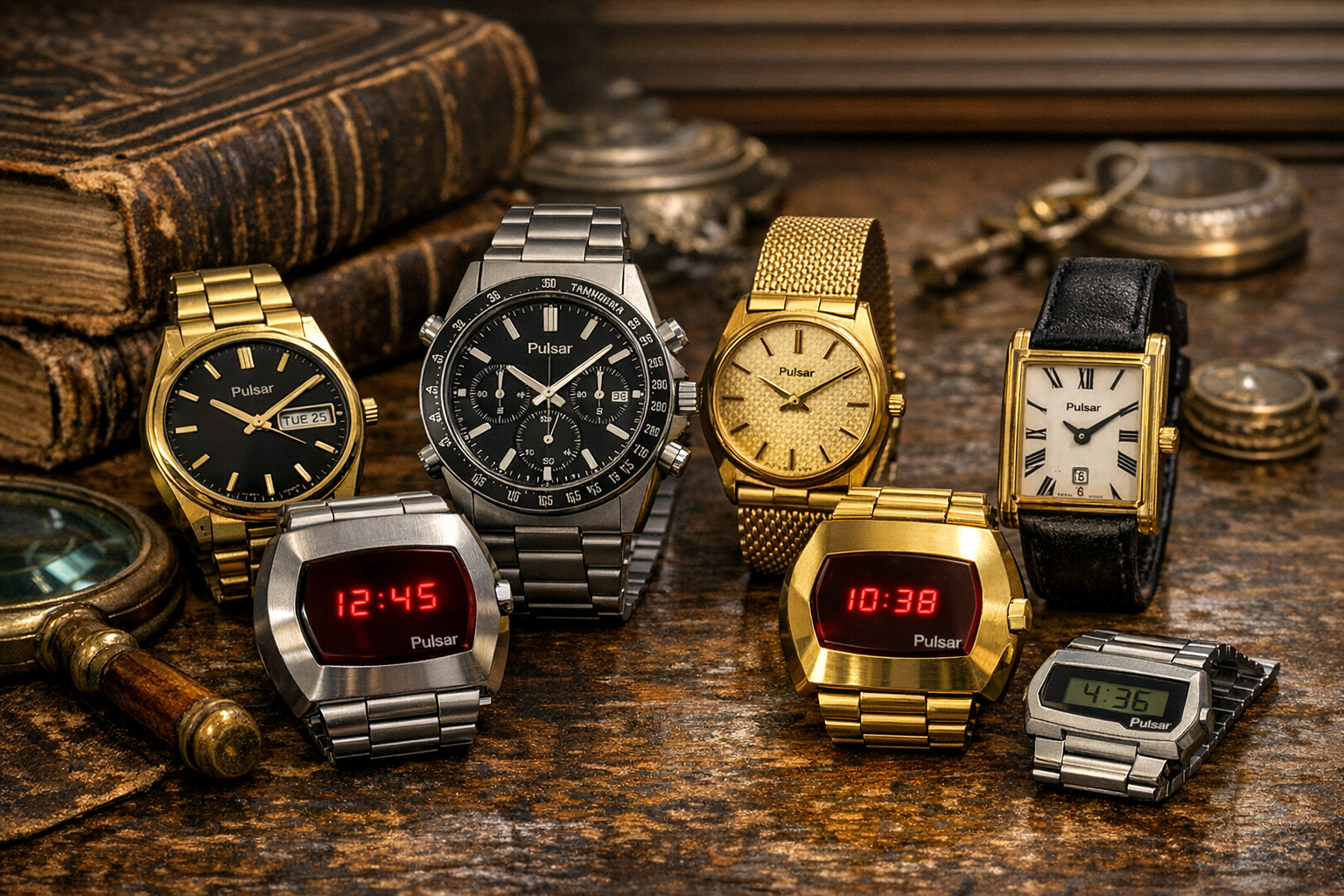 Generated reference image for documenting old Pulsar watch value factors including model, case back, movement, LED or quartz display, dial, bracelet, serial marks, service history, wear, and condition