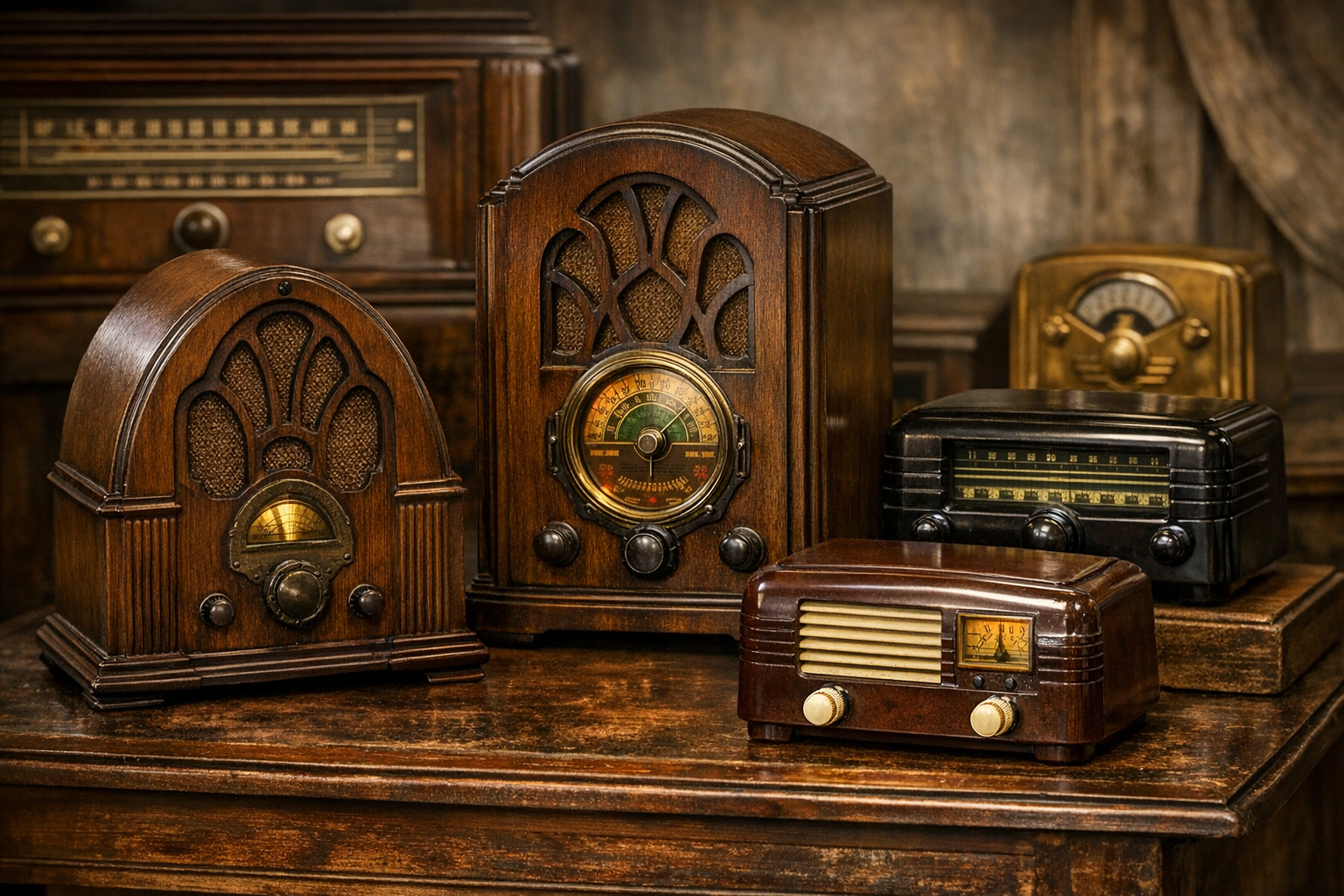 Generated reference image for documenting old radio value factors including brand, model tag, cabinet style, tube chassis, dial, knobs, speaker cloth, finish, electrical state, repairs, and condition