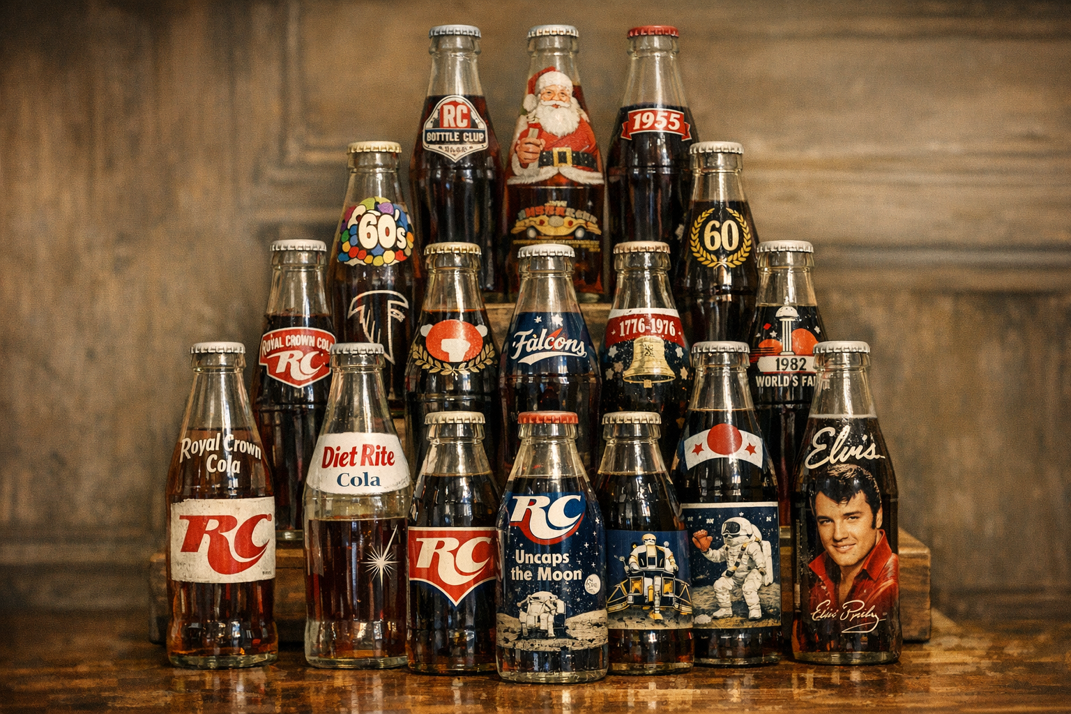 Generated reference image for documenting old RC Cola bottle value factors including logo, embossing or ACL graphics, base codes, mold marks, glass color, closure, chips, haze, wear, and condition