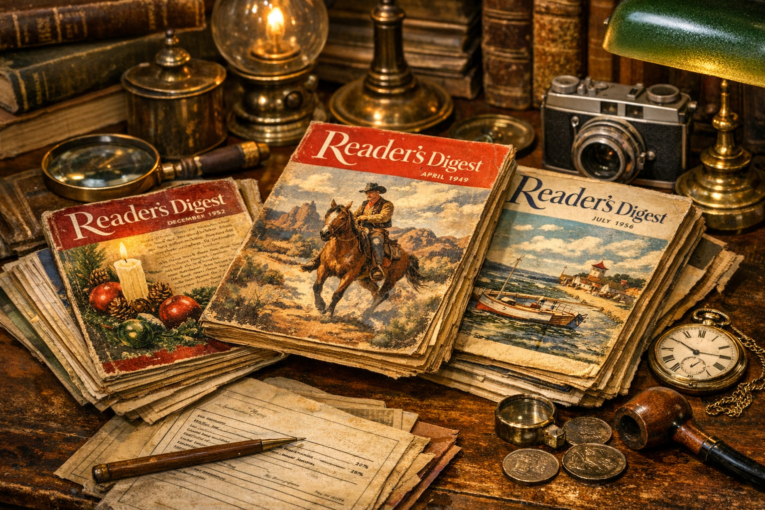Generated reference image for documenting old Reader's Digest magazine value factors including issue date, edition, cover, spine, binding, inserts, pages, subscription label, stains, fading, and condition