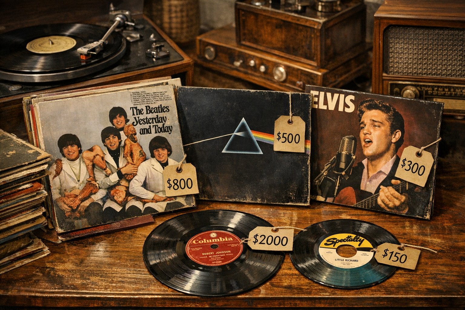 Generated reference image for documenting old record value factors including artist, title, label, pressing, matrix marks, sleeve, inserts, vinyl grade, scratches, warping, rarity, and condition