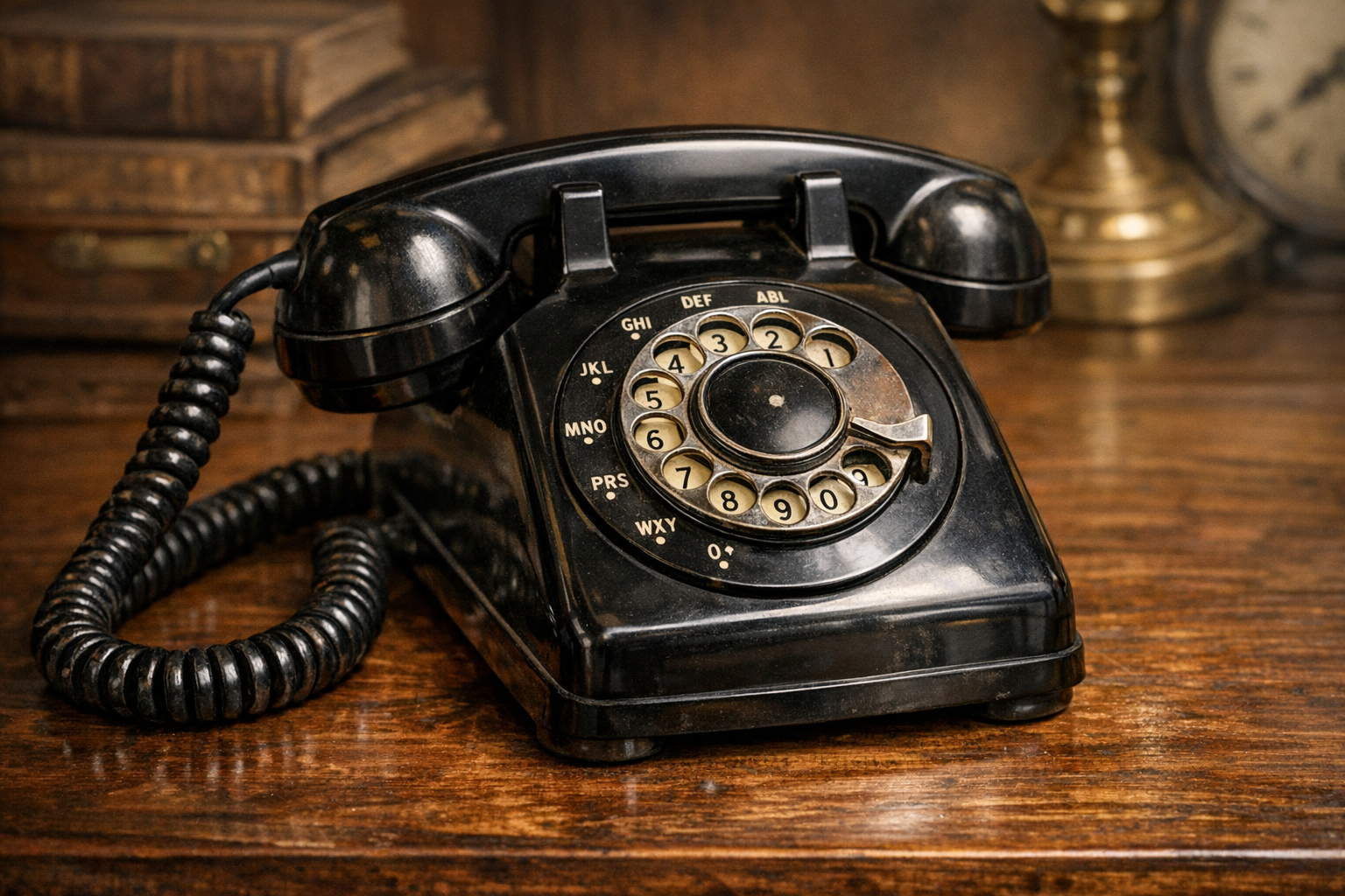 Generated reference image for documenting old rotary phone value factors including maker, model, dial, handset, base plate, wiring, color, case material, number card, cracks, repairs, and condition