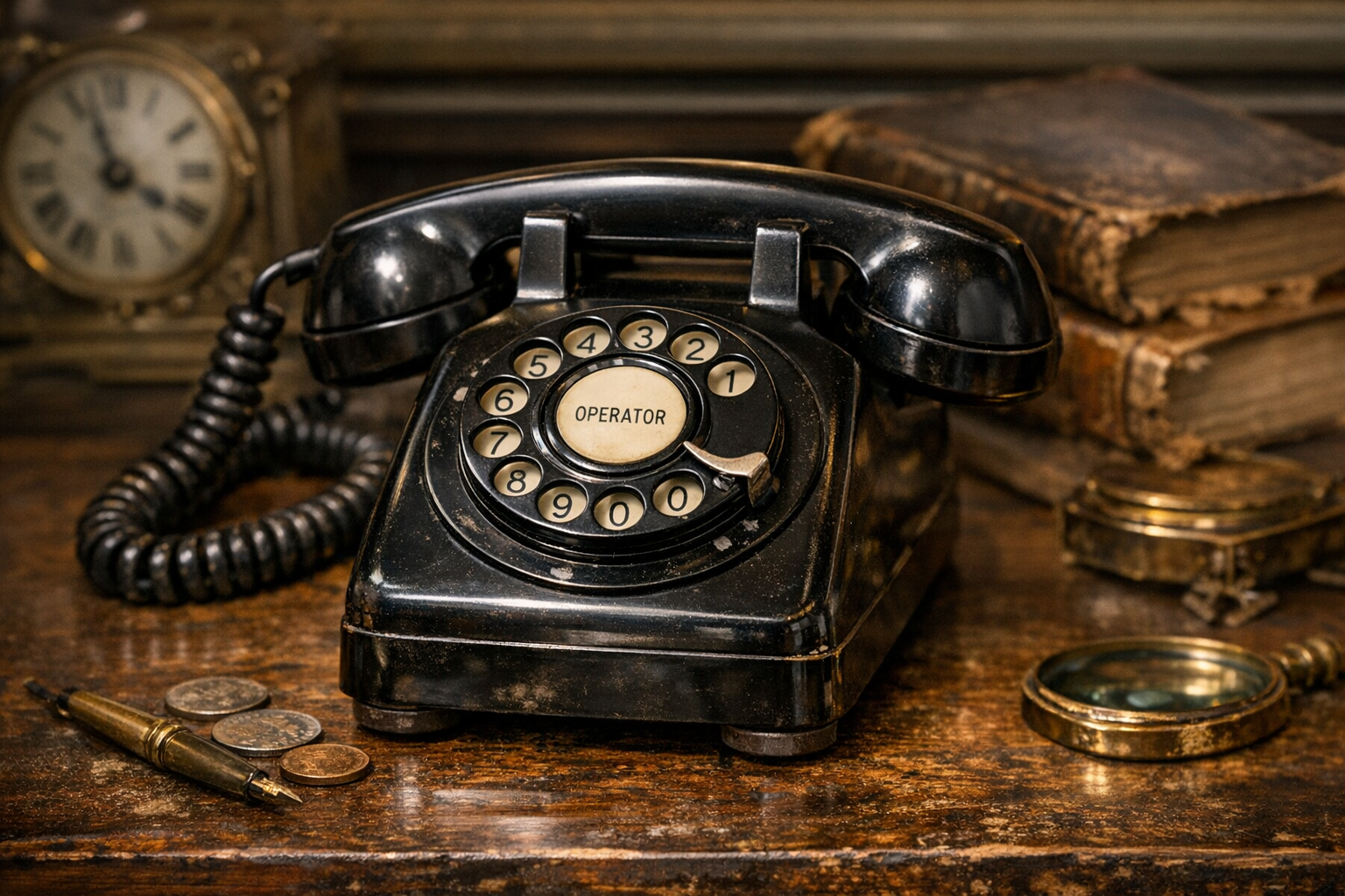 Generated reference image for documenting old rotary phone value factors including maker, model, dial type, handset, base plate, wiring, color, material, number card, cracks, repairs, and condition