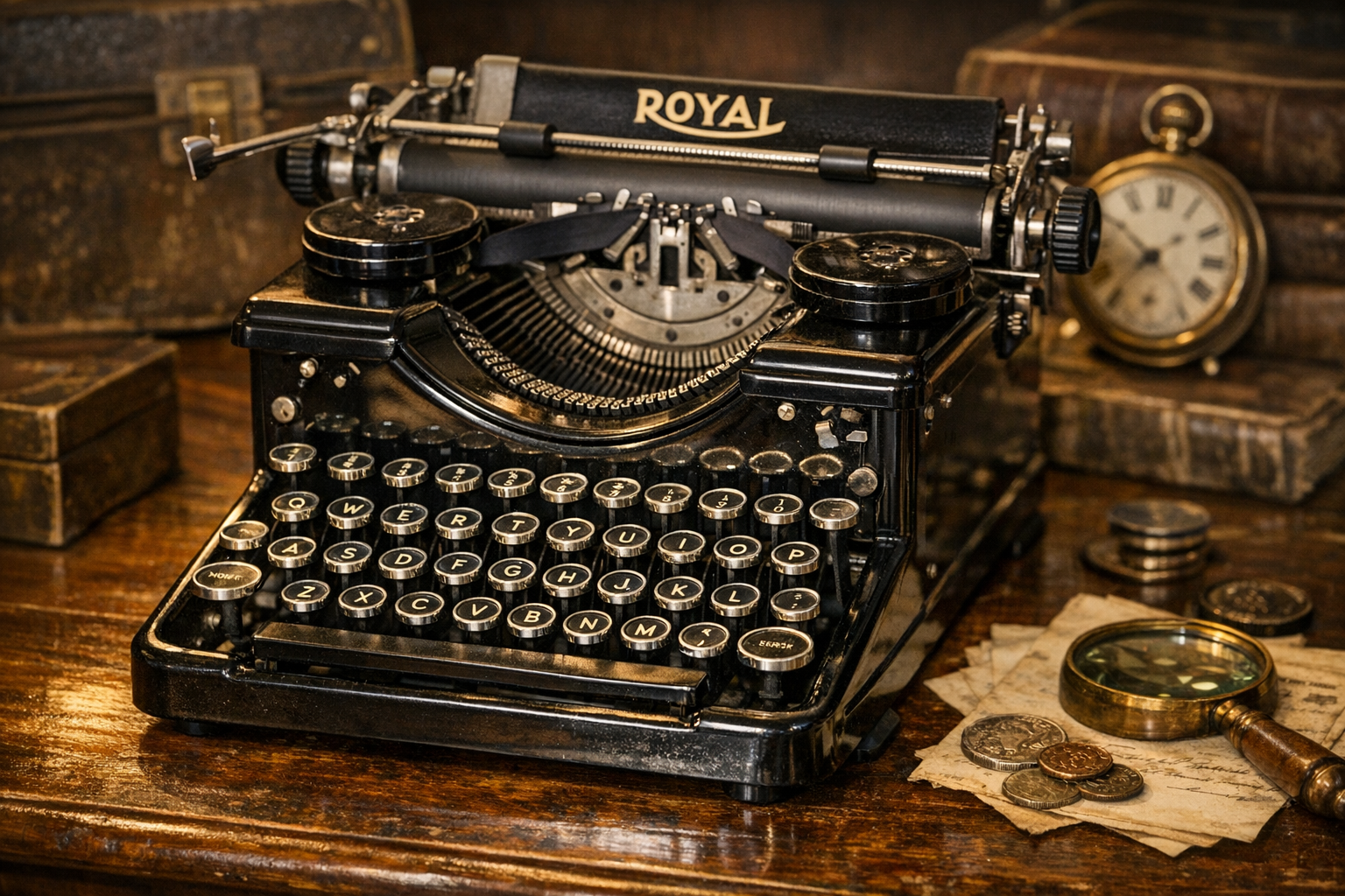 Generated reference image for documenting old Royal typewriter value factors including model, serial number, keyboard, platen, carriage, decals, case, paint, rust, repairs, working state, and condition