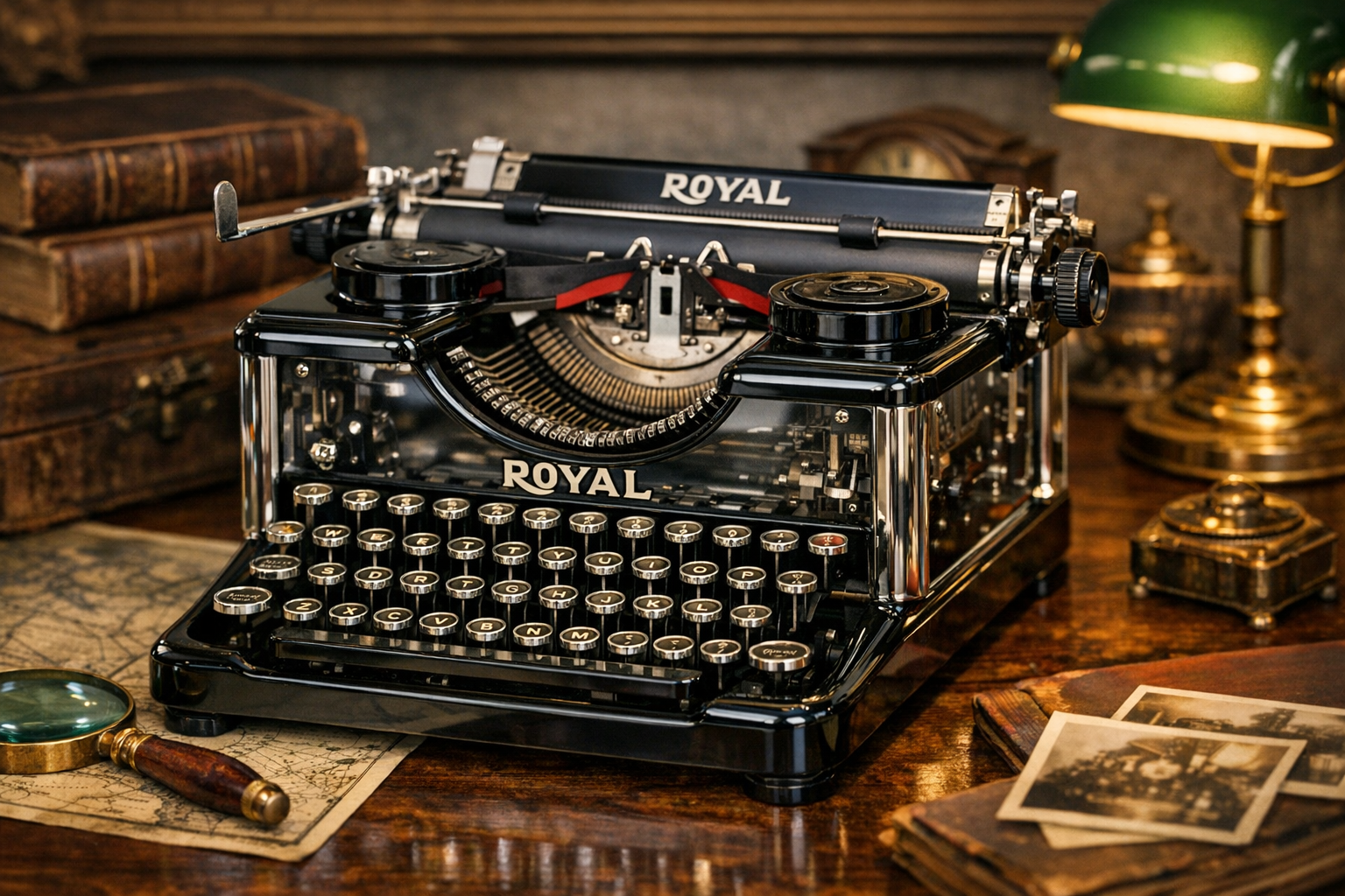 Generated reference image for documenting old Royal typewriter value factors including model, serial number, keyboard, platen, carriage, decals, case, paint, rust, repairs, working state, and condition
