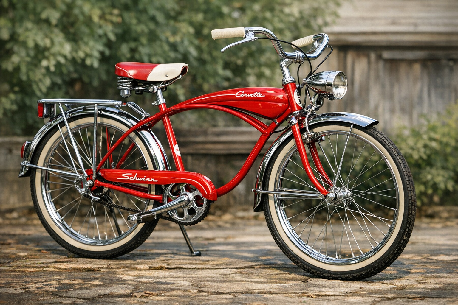 Generated reference image for documenting old Schwinn bike value factors including model, serial number, badge, frame, paint, chrome, components, tires, restoration, originality, wear, and condition