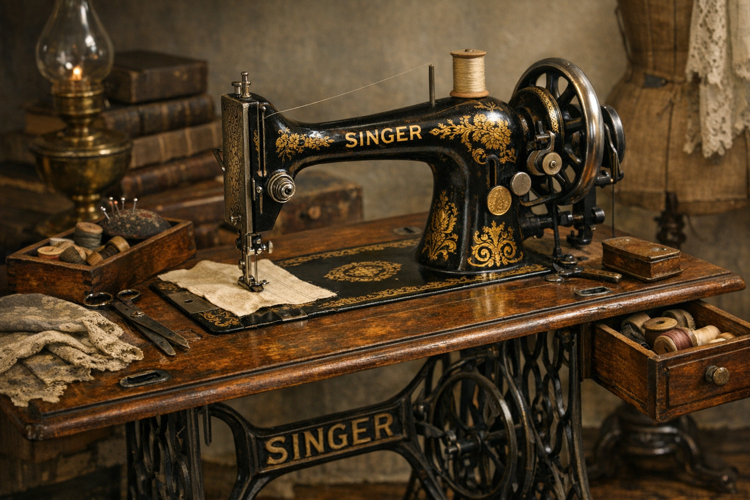 Generated reference image for documenting old sewing machine value factors including maker, model, serial number, decals, cabinet, attachments, treadle or motor, finish, repairs, and condition