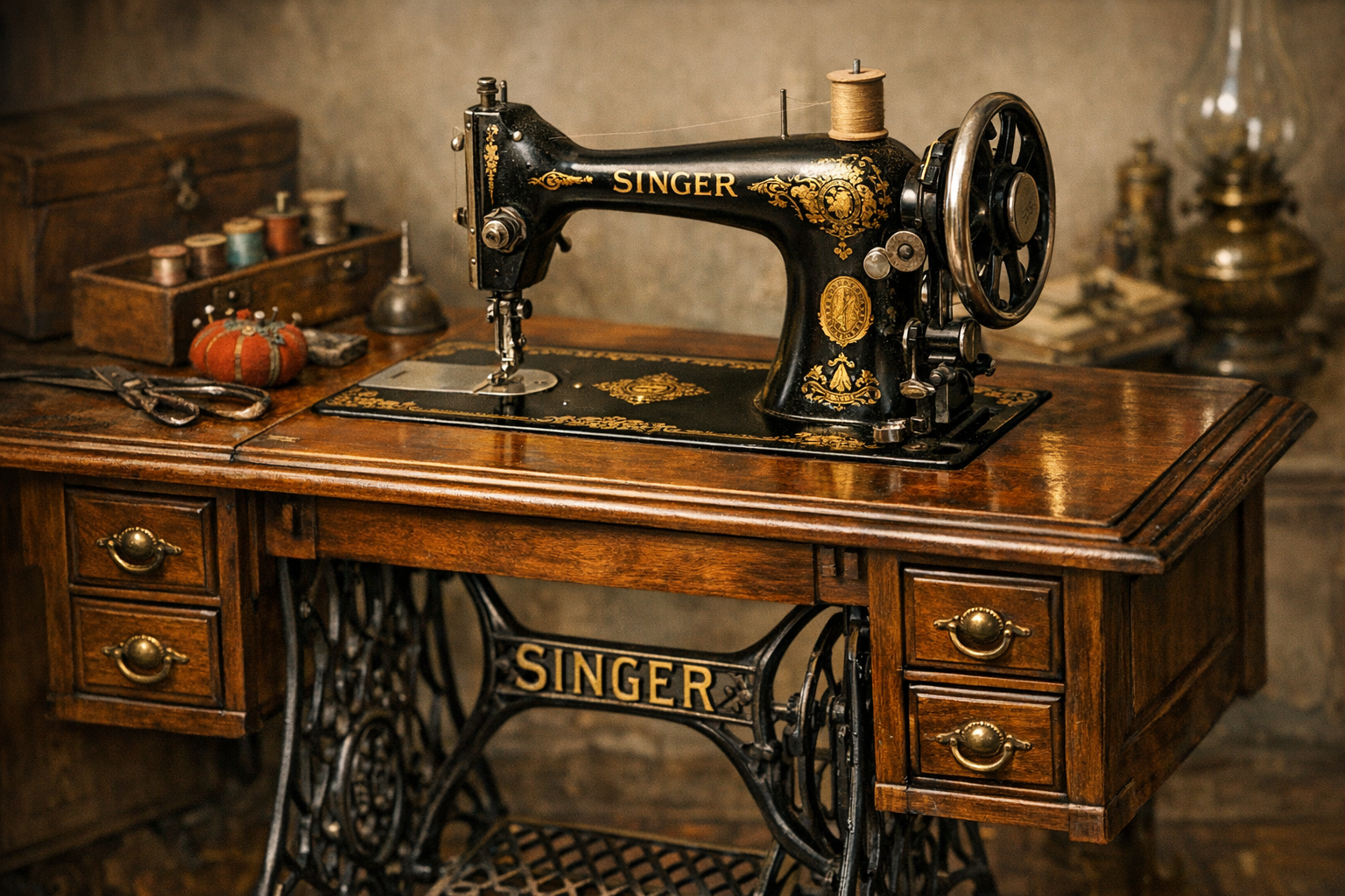 Generated reference image for documenting old sewing machine value factors including maker, model, serial number, decals, cabinet, attachments, treadle or motor, finish, repairs, and condition