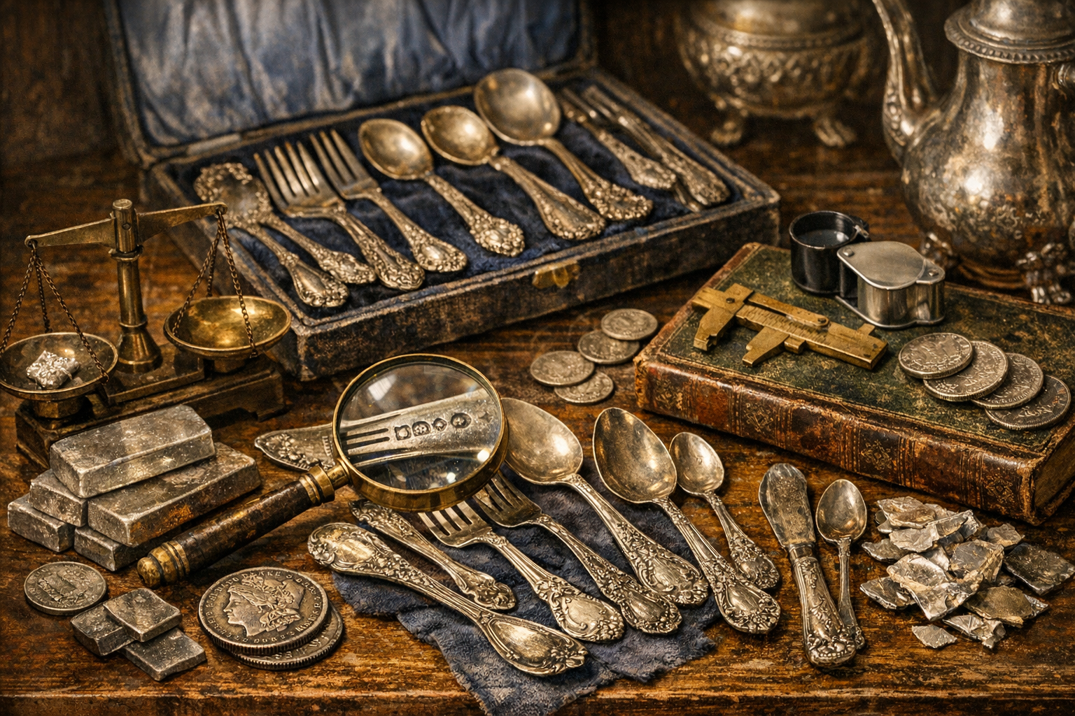 Generated reference image for documenting old silverware value factors including hallmarks, maker, sterling or plate marks, pattern, monogram, set count, weight, wear, dents, repairs, and condition
