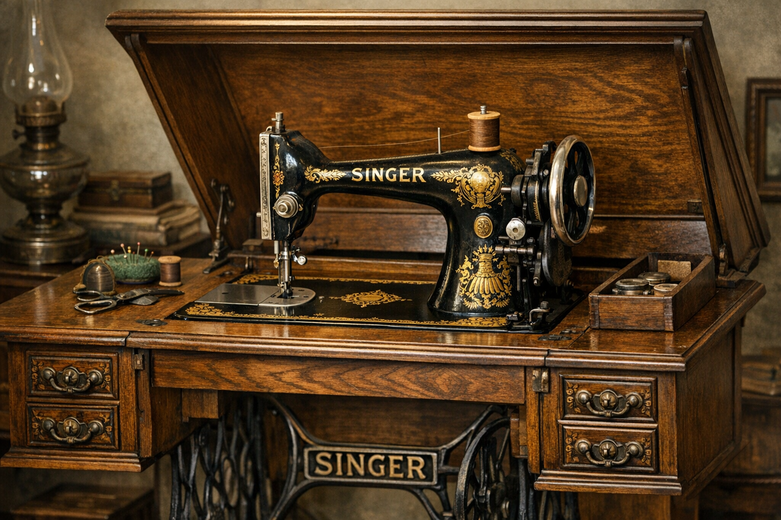 Generated reference image for documenting old Singer sewing machine value factors including model, serial number, decals, cabinet, attachments, treadle or motor, finish, repairs, and condition