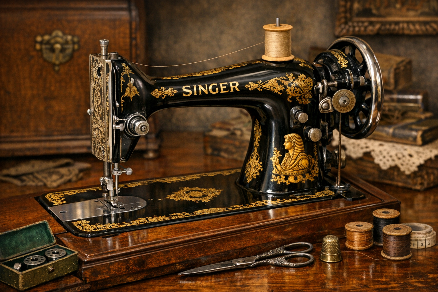 Generated reference image for documenting old Singer sewing machine value factors including model, serial number, decals, cabinet, attachments, treadle or motor, finish, repairs, and condition
