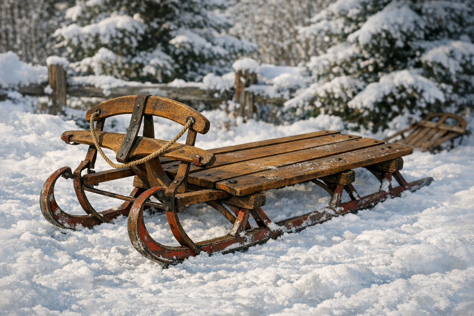 Generated reference image for documenting old sled value factors including maker marks, model, wood slats, metal runners, steering bar, paint, decals, hardware, restoration, wear, and condition