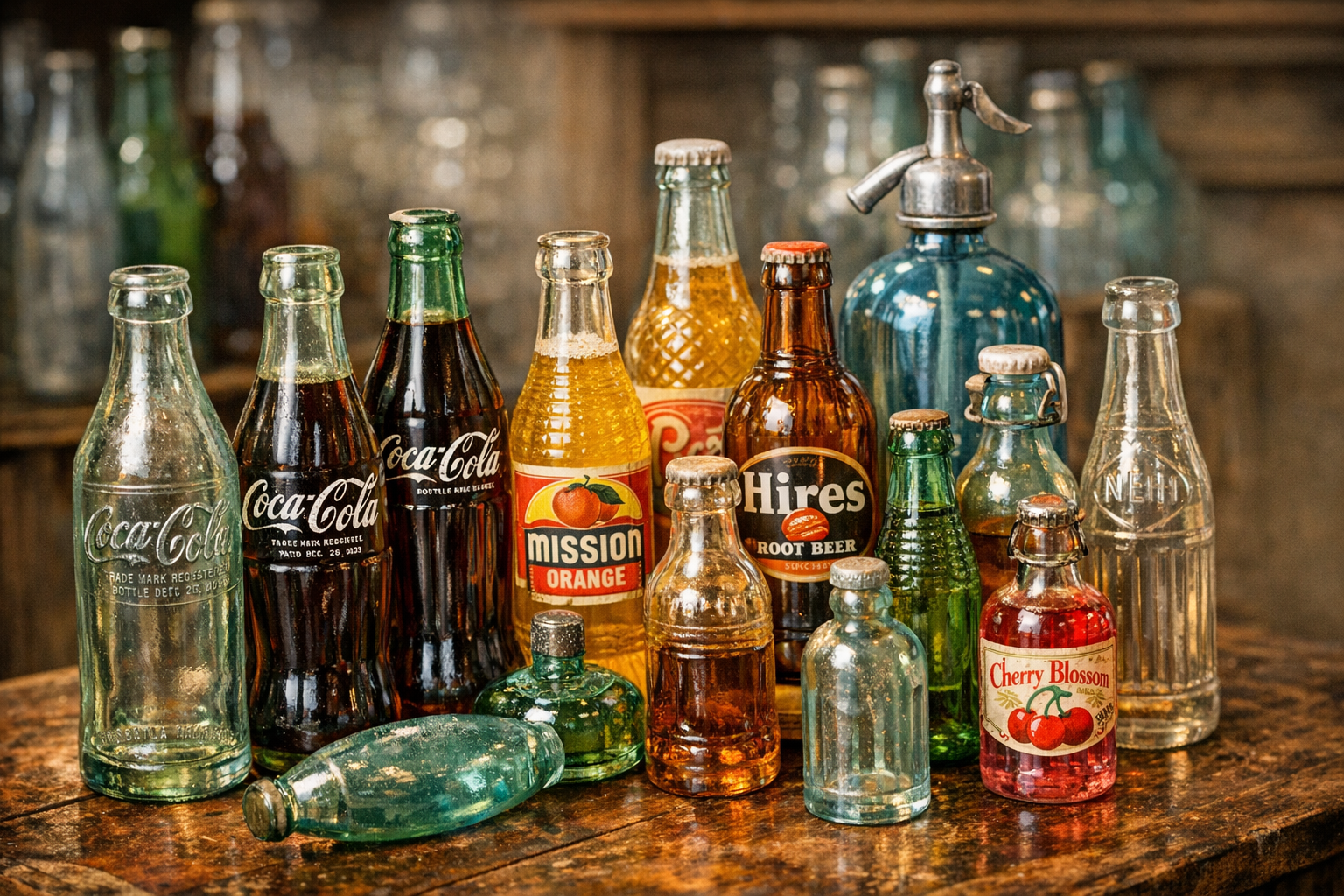 Generated reference image for documenting old soda bottle value factors including brand, embossing, applied color label graphics, base codes, mold marks, glass color, closure, chips, haze, case wear, and condition