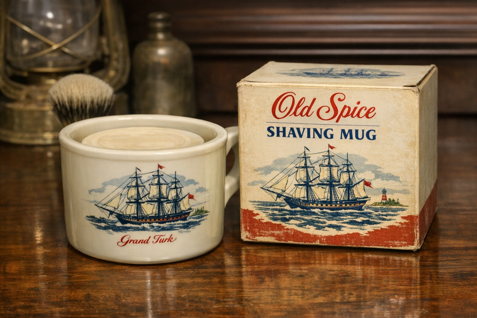 Generated reference image for documenting Old Spice shaving mug value factors including maker marks, mold style, ship graphic, glaze, brush or box, chips, cracks, crazing, fading, and condition