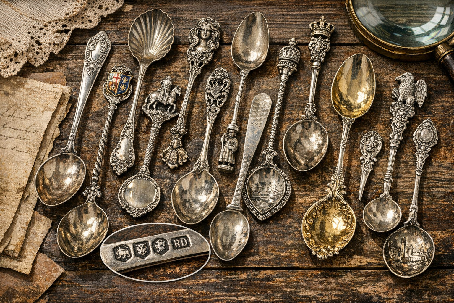 Generated reference image for documenting old spoon identification factors including hallmarks, maker marks, sterling or plate marks, pattern, monogram, bowl shape, length, wear, repairs, and condition