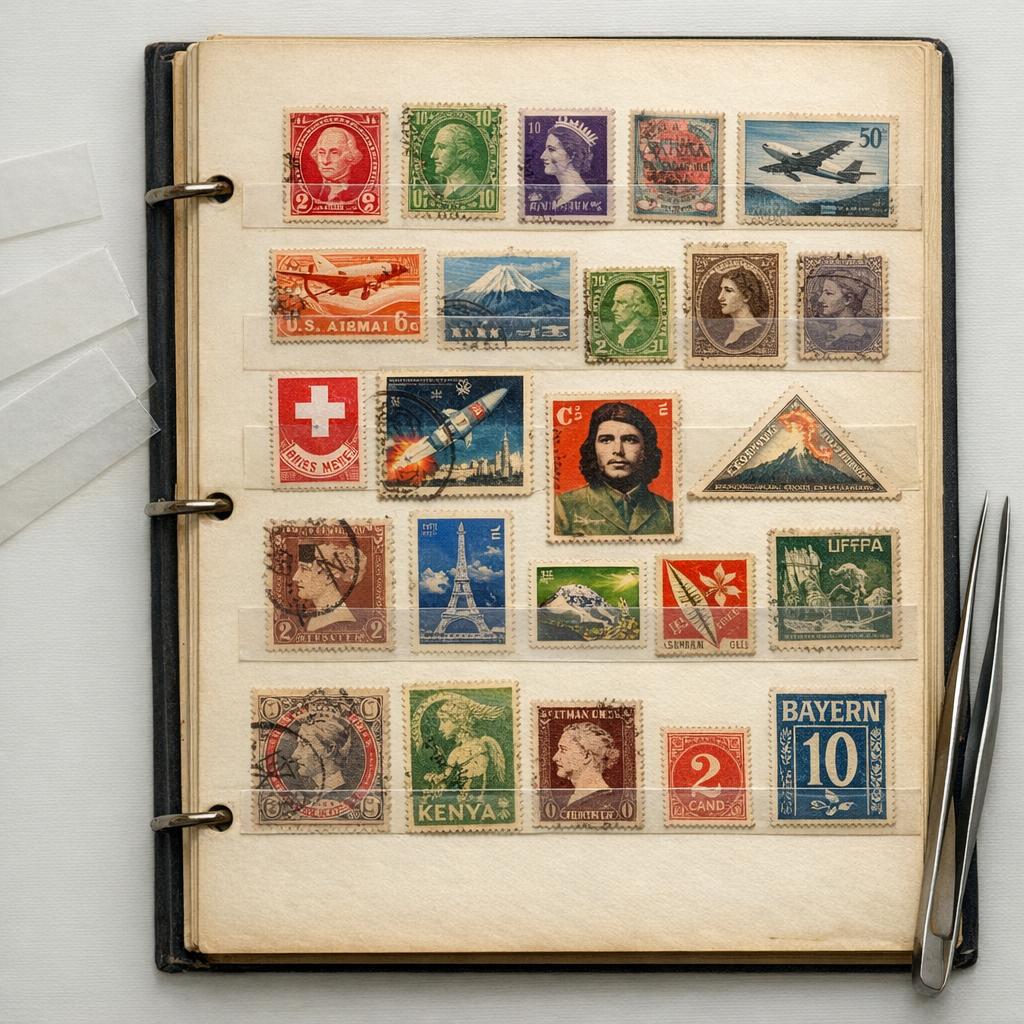 Generated reference image for documenting old stamp value factors including country, issue date, denomination, watermark, perforations, cancellation, gum, centering, faults, album context, and condition